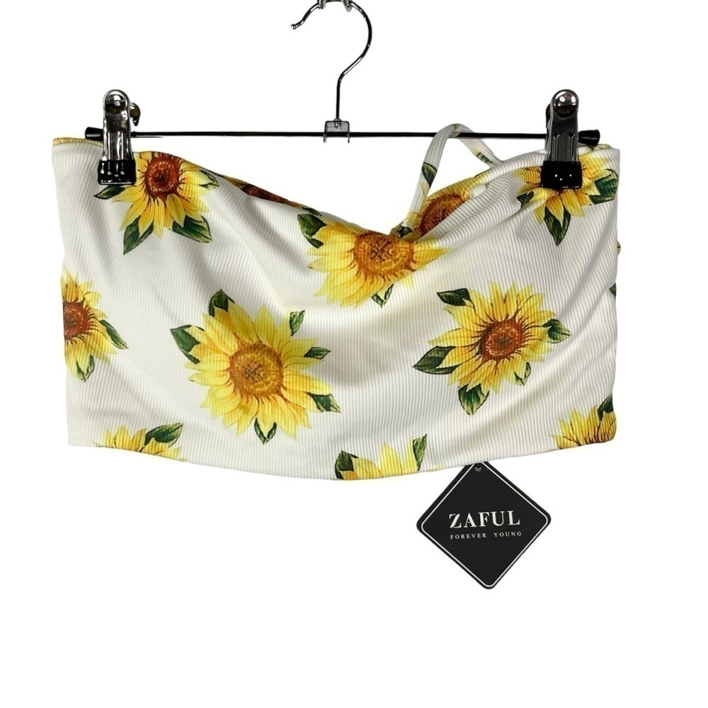 Zaful White & Yellow Sunflower‎ Strapless Bandeau Swim Top M
